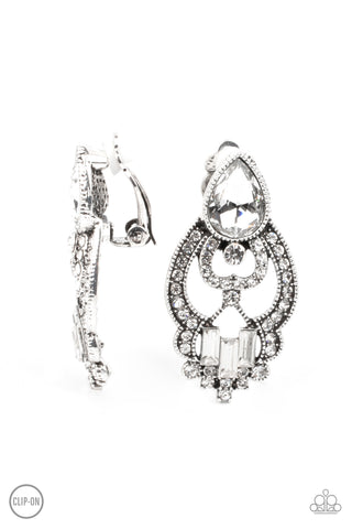 Glamour Gauntlet - White Clip-On Earring